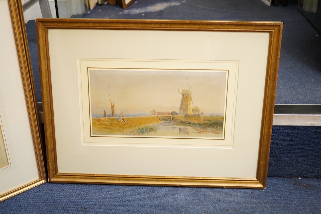 Four watercolours to include Wilmot Pilsbury, ‘On the Soar near Barrow Mill, Rutland’, Henry George Hine, ‘A Windmill by a Canal’ and Francis Nicholson, ‘Figures on a Bridge’, some with labels verso, largest 24 x 34cm